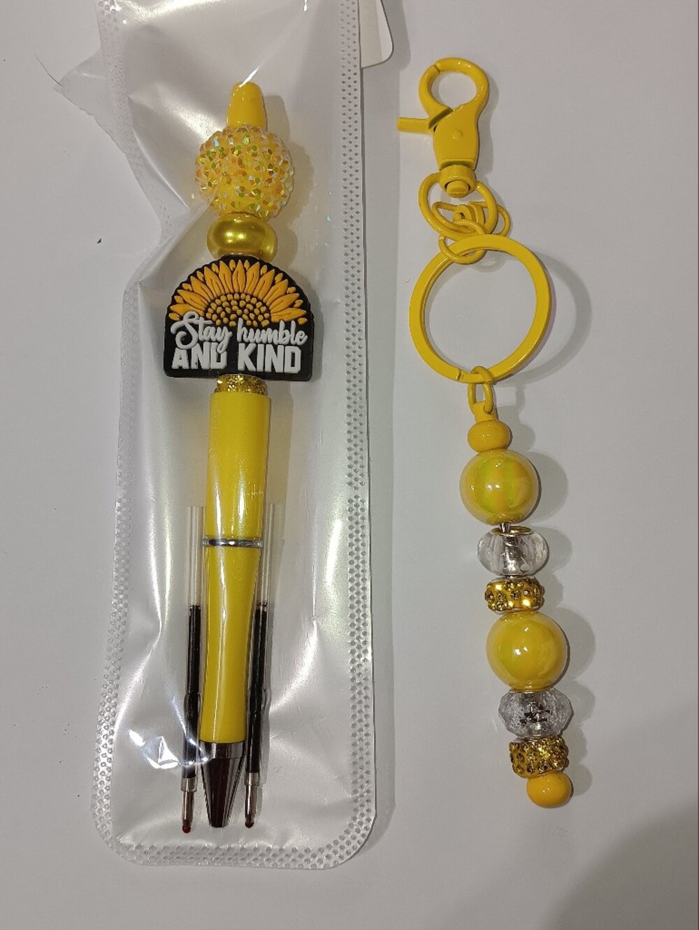 Source Unknown Stay Humble and kind Yellow Sunflower Keychain and Pen Set